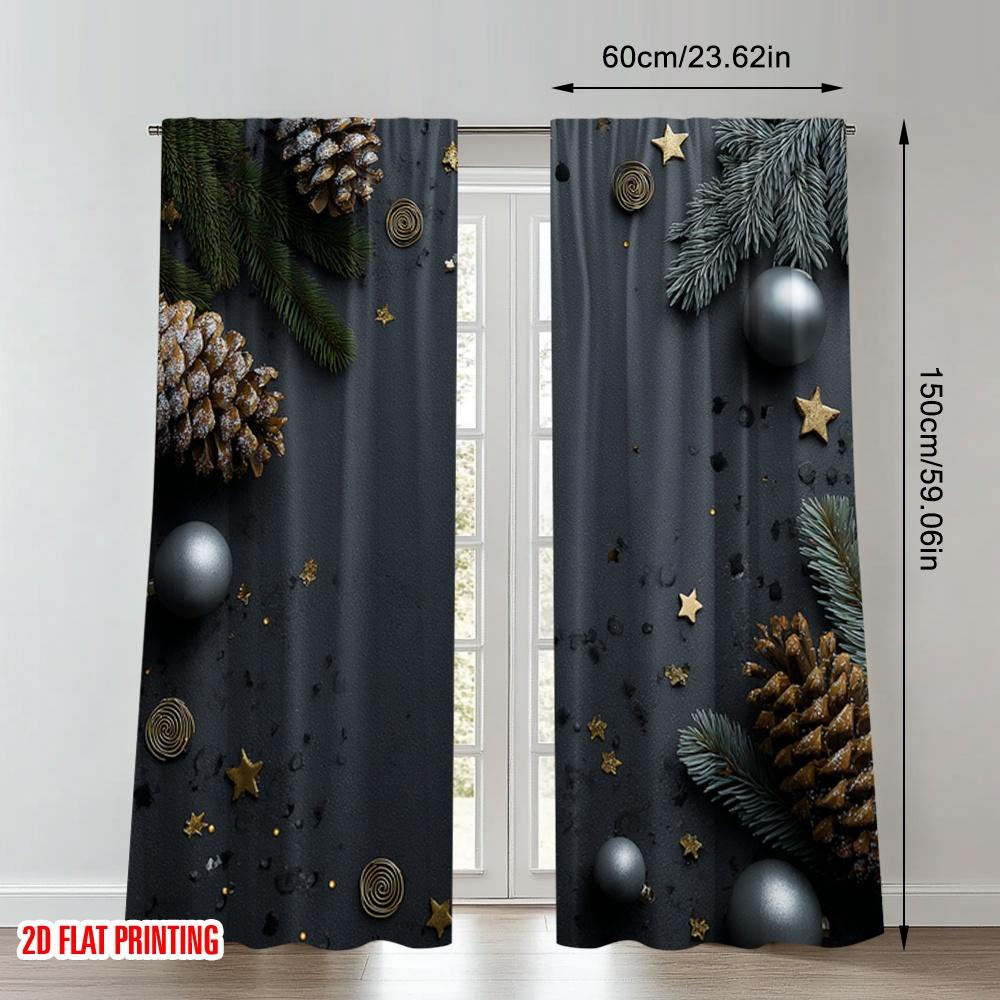 2pcs 2D flat printing Christmas Classic Hot Curtains Christmas Pinecones Stars Ornaments Digital Printed Polyester Drapes Family