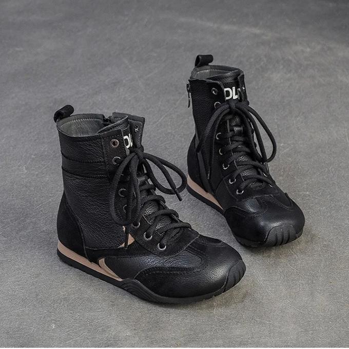 Johnature Plush Warm Retro Short Boots Genuine Leather Flat Cotton Shoes Commuter Women's Shoes