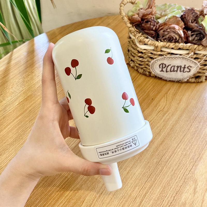 Kawaii Cherry Thermos Cup Cute Boba Water Bottle With Straw Cover Cap Portable Coffee Cup Tumbler Stainless Steel Cups 500/850ml