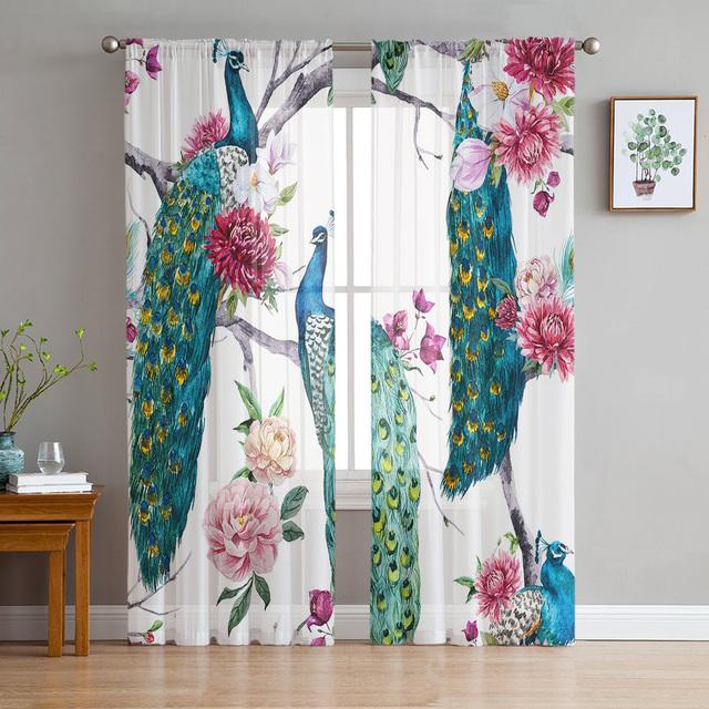 Elegant White Peacock Feather Tulle Curtains For Living Room Bedroom Kitchen Window Decor Sheer Voile