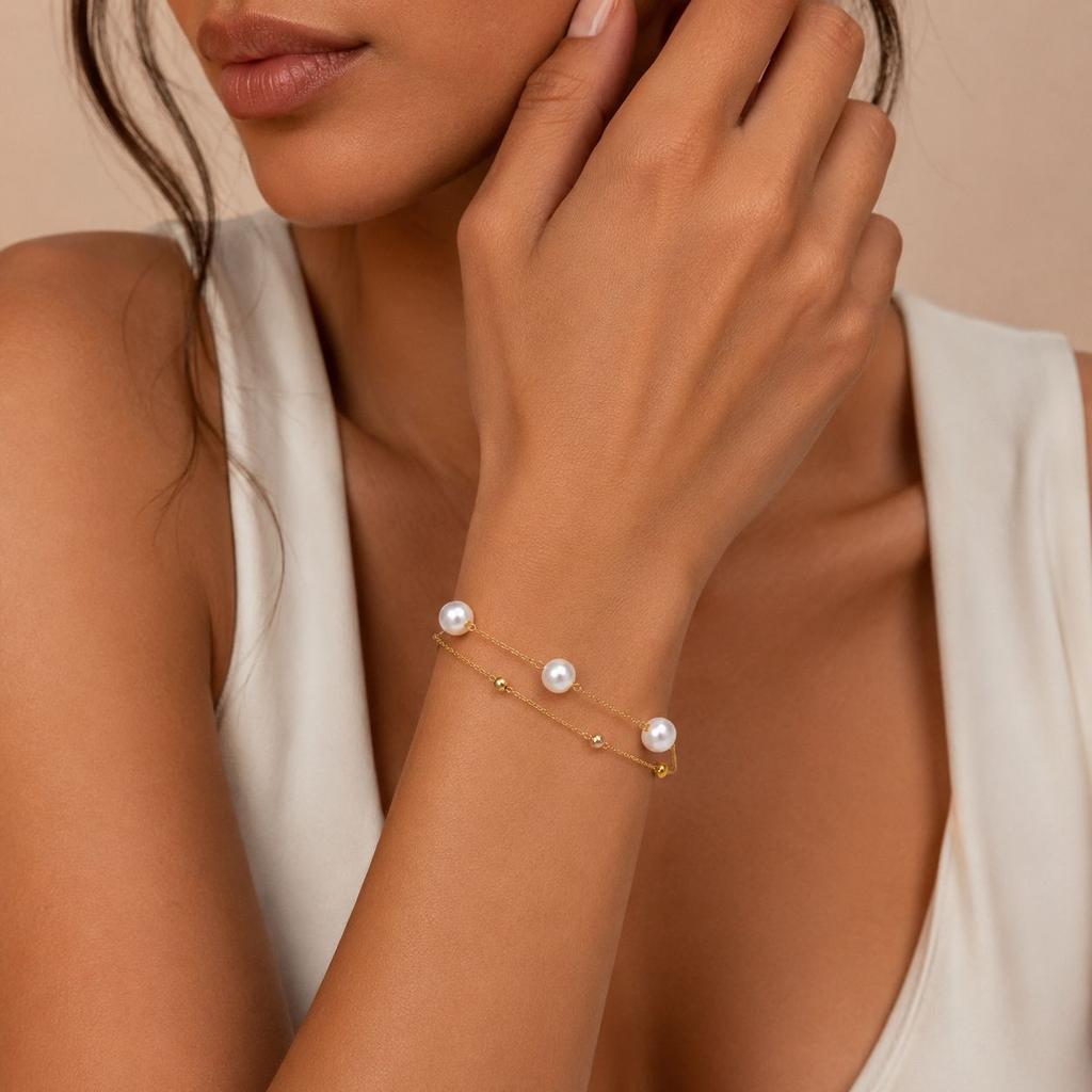 18K Gold Imitation Pearl Bracelet Double-layer Stacked Stainless Steel Clip Gold Bead Chain Simple Thin Chain Jewelry