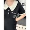 Plus size women clothing [Preppy Black Dress] Contrast Color Doll Collar Embroidered High Waist Belly Covering Summer Short sleeve Dress