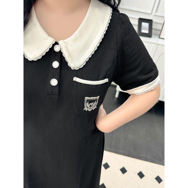 Plus size women clothing [Preppy Black Dress] Contrast Color Doll Collar Embroidered High Waist Belly Covering Summer Short sleeve Dress