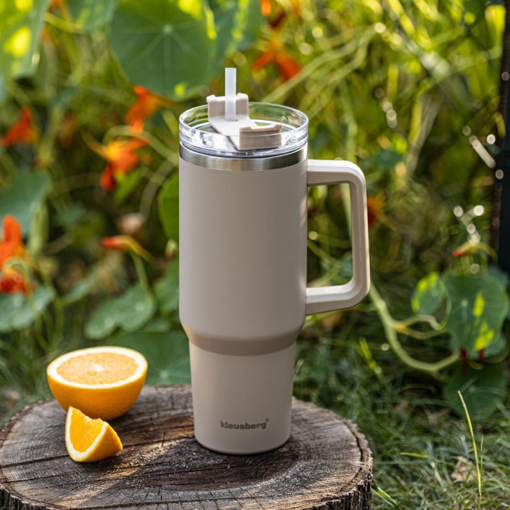 STALOWY KUBEK TERMICZNY TERMOS 1100ml Z RĄCZKĄ I SŁOMKĄ KLAUSBERG KB-7943