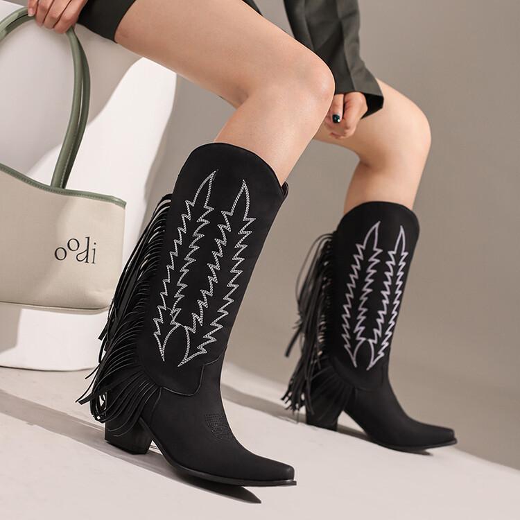 Autumn and winter retro style embroidered fringed boots pointed middle heel  tall fashion boots