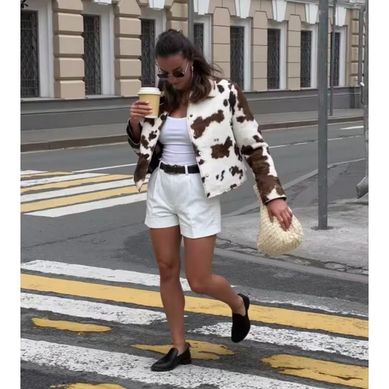 Womens French Style Irregular Animal Print Short Jacket Street Fashion Button Front Coat