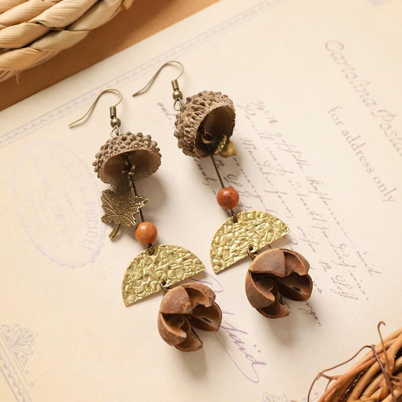Retro natural plant earrings handmade creative niche acorn fruit long fringed design women's earrings