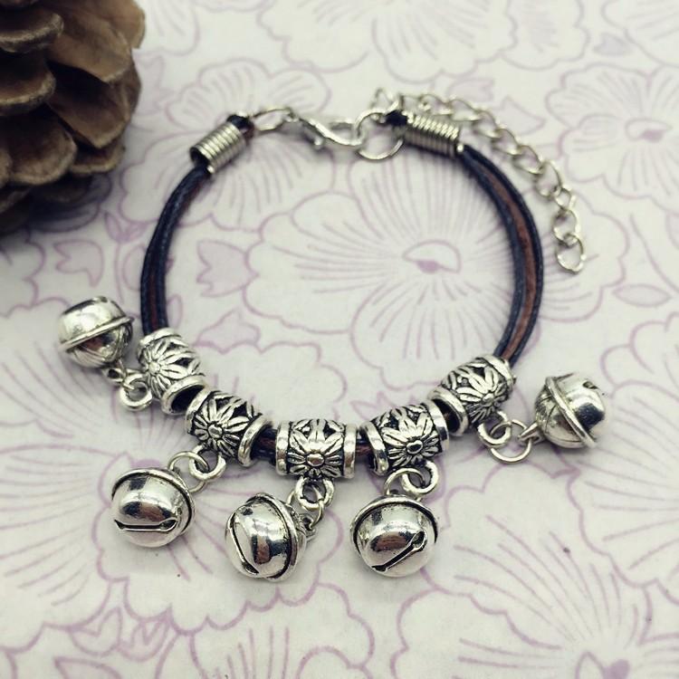 

Тибетское серебро ретро маленький свежий браслет с колокольчиком и листом сладкая пара популярная ручная веревка модный ножной браслет ювелирные изделия