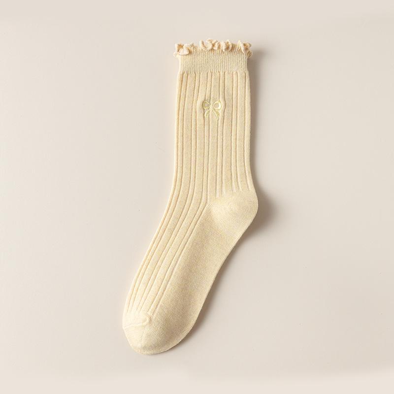 Female Spring and Autumn Embroidery Bow Wooden Ear Edge Boneless Drum Pile Pile Cotton Socks