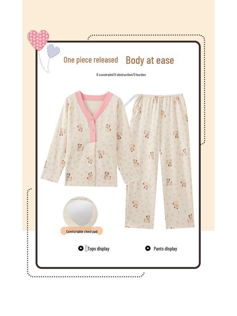 Plus Size Maternity Pajamas with Chest Pads for Autumn/Winter - Women's Postpartum Nursing & Home Wear Set