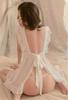 sheer cute babydoll lingerie with back showing set for women [AQURAD] Apron-style frills, ribbon, back, 4-piece (White, Free)
