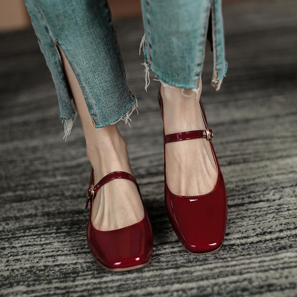 New Plus Size 41 Women Mary Jane Shoes Square Toe Pumps Patent Leather Dress Shoes Office Ladies Shoes Mid Heels Wine Red Shoes