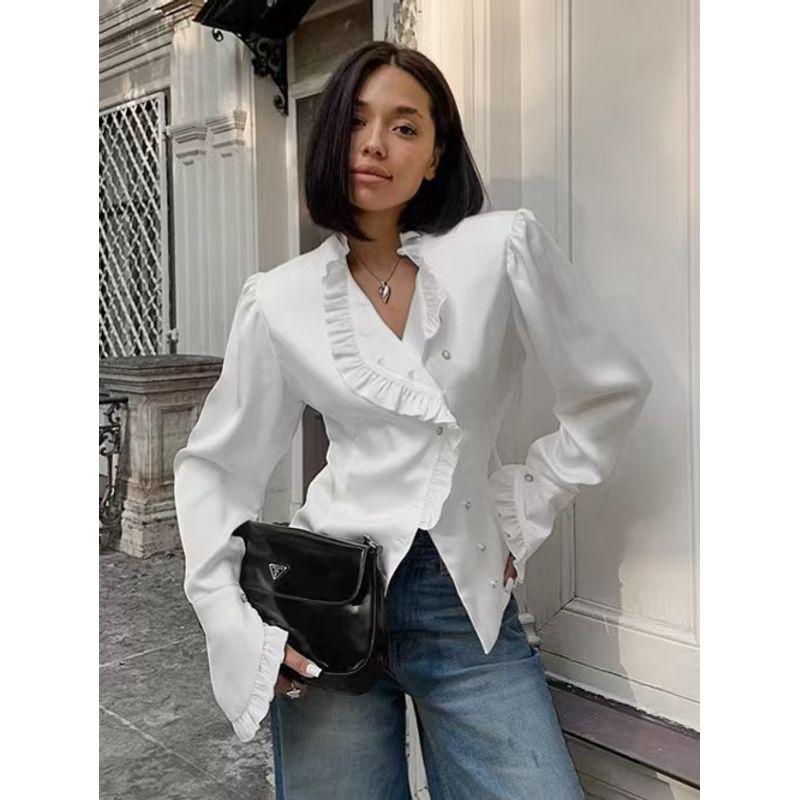 French style Palace Style Wooden Ear Satin Shirts Temperament Inner wear Lace Top Fashion Satin Shirt