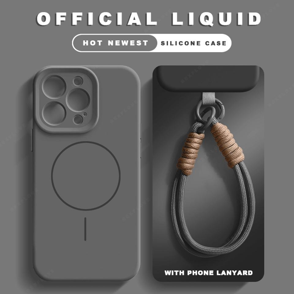 Liquid Silicone Lanyard Magnetic Phone Case For iPhone 16 14 15 Plus 11 12 13 16 Pro Max Magsafe Charge Strap Protector Cover
