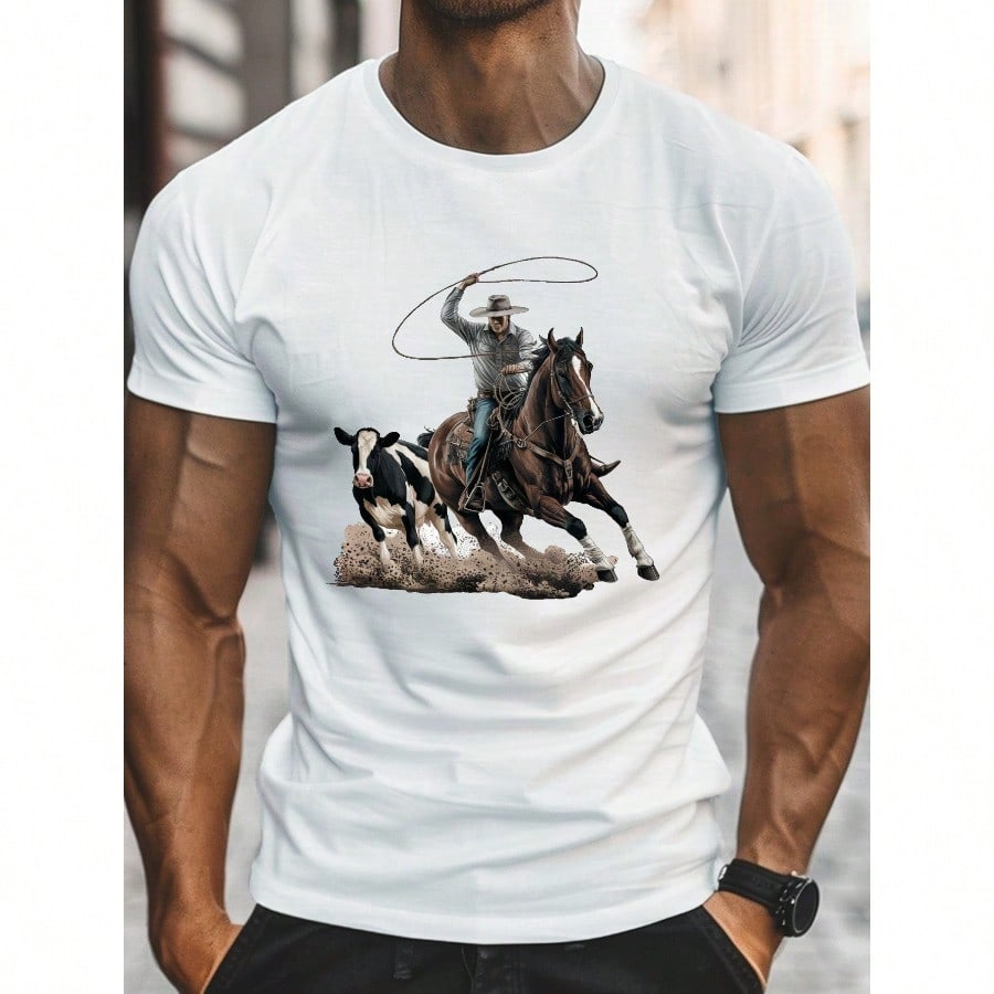 Herren Casual T-Shirt mit dynamischem Cowboy-Pferd Grafikdruck Atmungsaktiv 100% Baumwolle Rundhalsausschnitt Kurzarm T-Shirt Normale Passform
