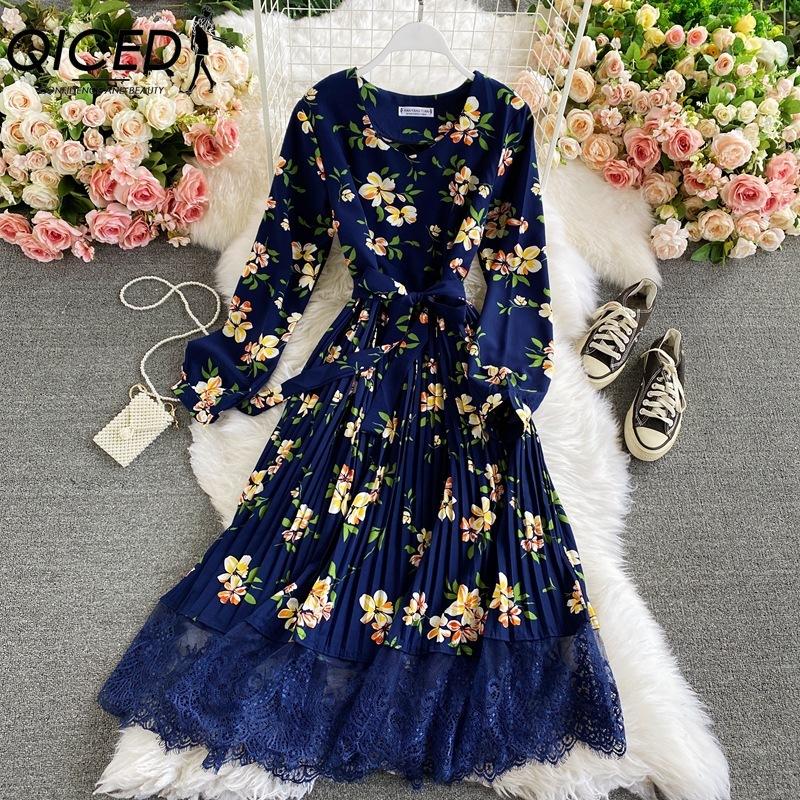 QICED 10 Color Retro Floral V-Neck Halter Waist Lace Dress Colored Fashion Long Dresses