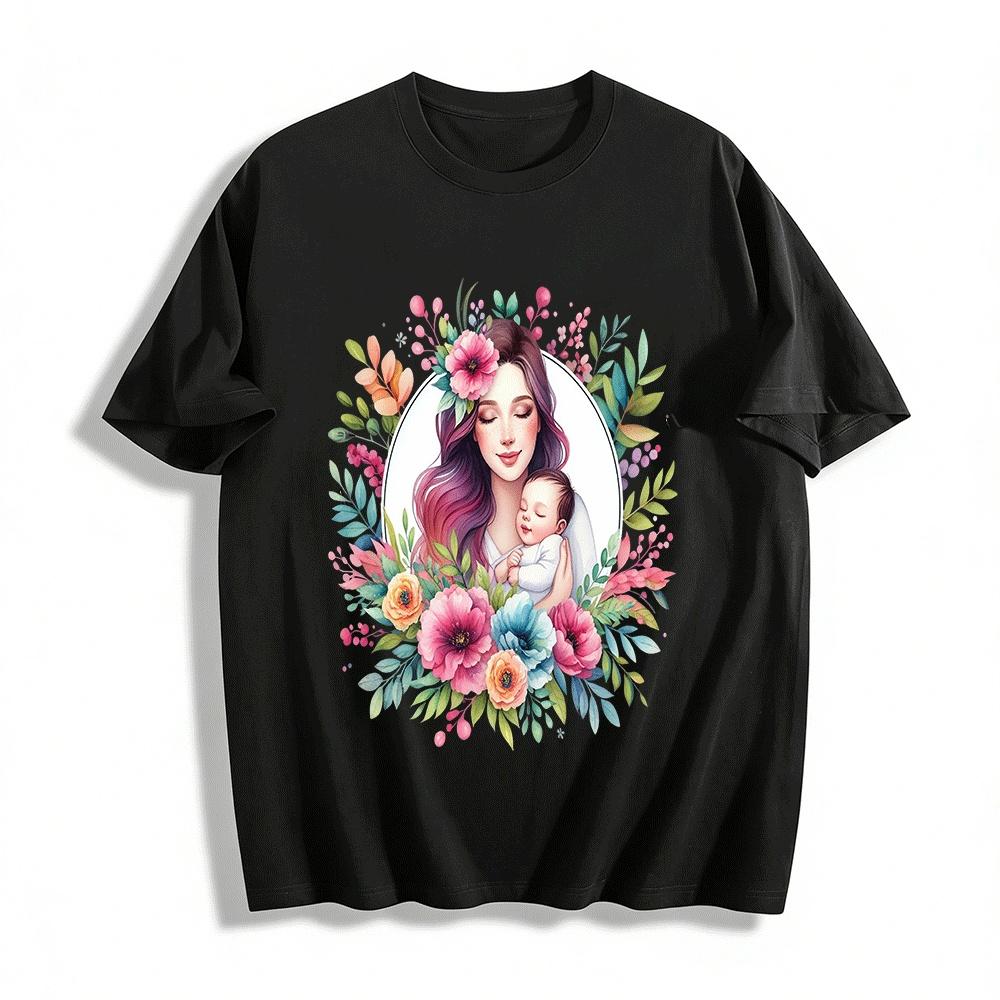 Floral Print Top with Warm Mother and Baby Embrace Design Pure cotton T-shirt XXS