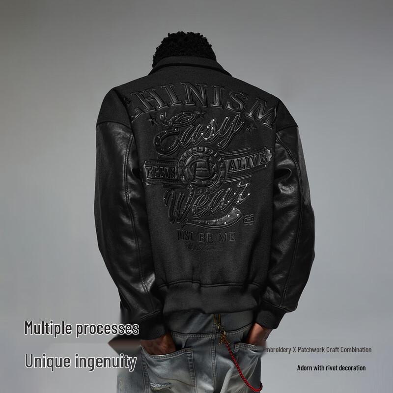 CHINISM Men s Wool-Blend Spliced Baseball Jacket M