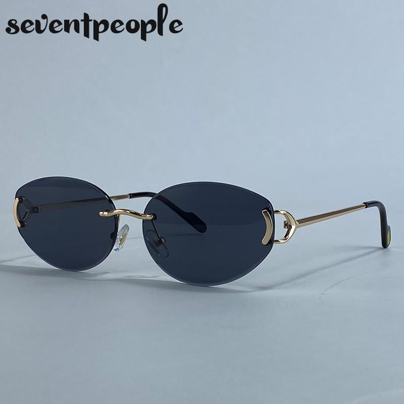 Small Frame Oval Frameless Sunglasses Women  Luxury Brand Vintage Metal Punk Sun Glasses For Ladies Trendy Outdoor Shades