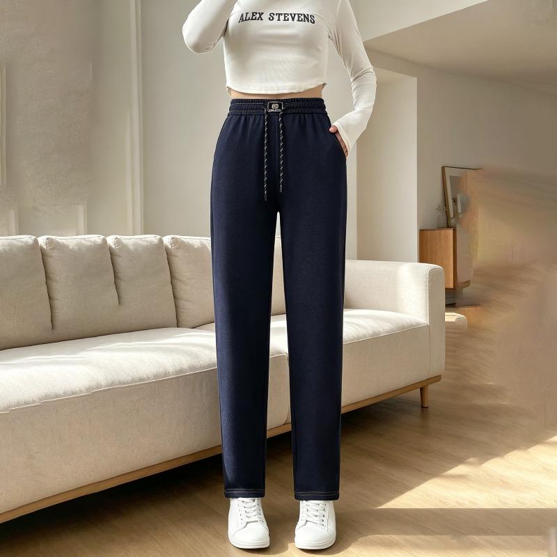 Wide Legs High Waist Jeans Women's Autumn and Winter Fleece Thickened Loose Classic Blue Trousers Denim Straight Pants