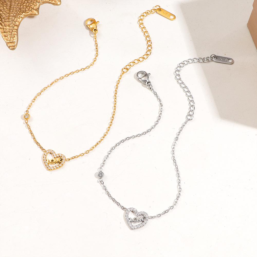 Stylish Heart-Shaped Zircon Inlaid Titanium Steel Bracelet - Non-Fading Couple Design for Women
