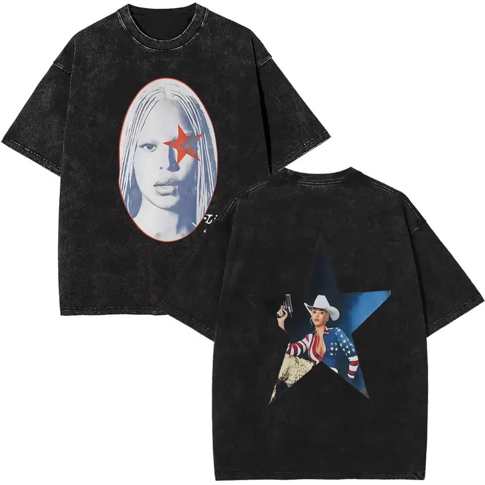 

Singer Beyonce Pop Music Album Logo Washed T-shirt Cowboy Carter T Shirts Men Vintage Oversized Tee Shirt Casual Cotton T-shirts S разноцветный