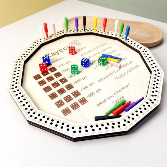 Farkle Dice Tray Kit Wooden Tray, with 6 Dice, 8 Colorful Pegs, Multi-player Interactive Family Board Game Game, Classic Tabletop for Travel