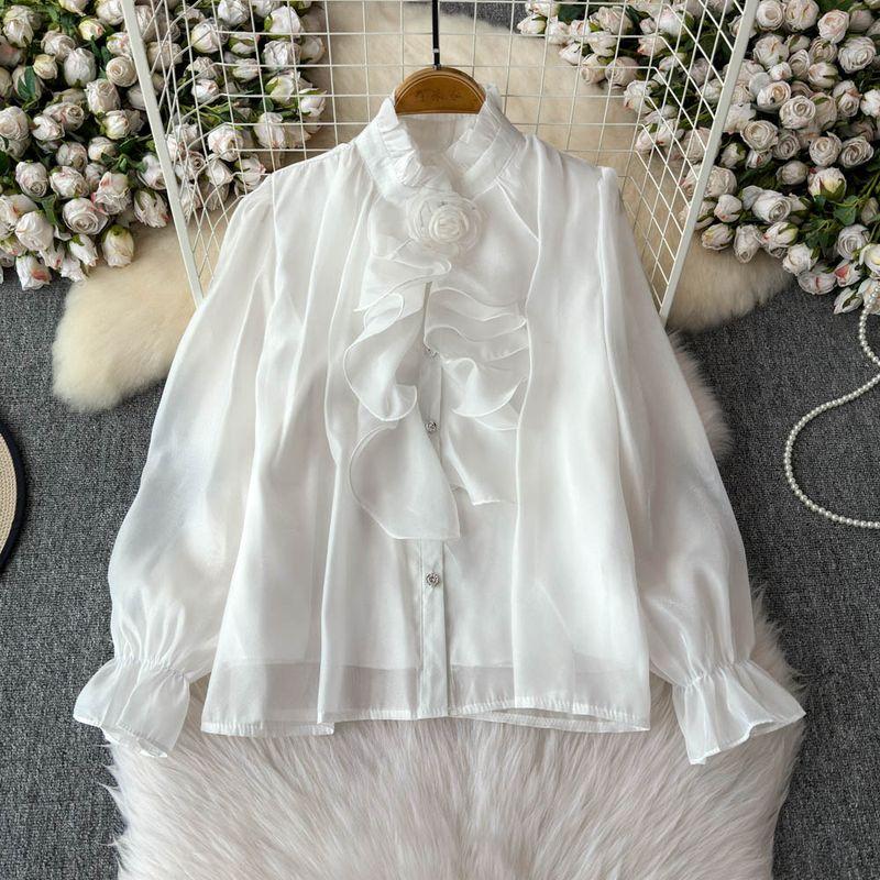 

2025 Fall and Winter New Chiffon Shirt Women s Stylish Stand Collar Ruffle Silm French Joker Bell Sleeve Tops White All yards