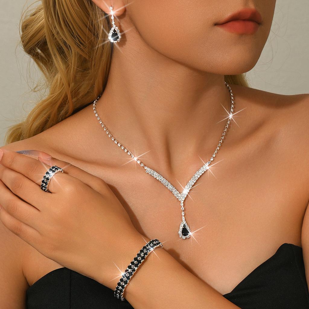 Bridal Wedding Accessories Necklace Bracelet Earrings Ring Set Chain Women'S Four-Piece Rhinestone Wedding Dress Accessories