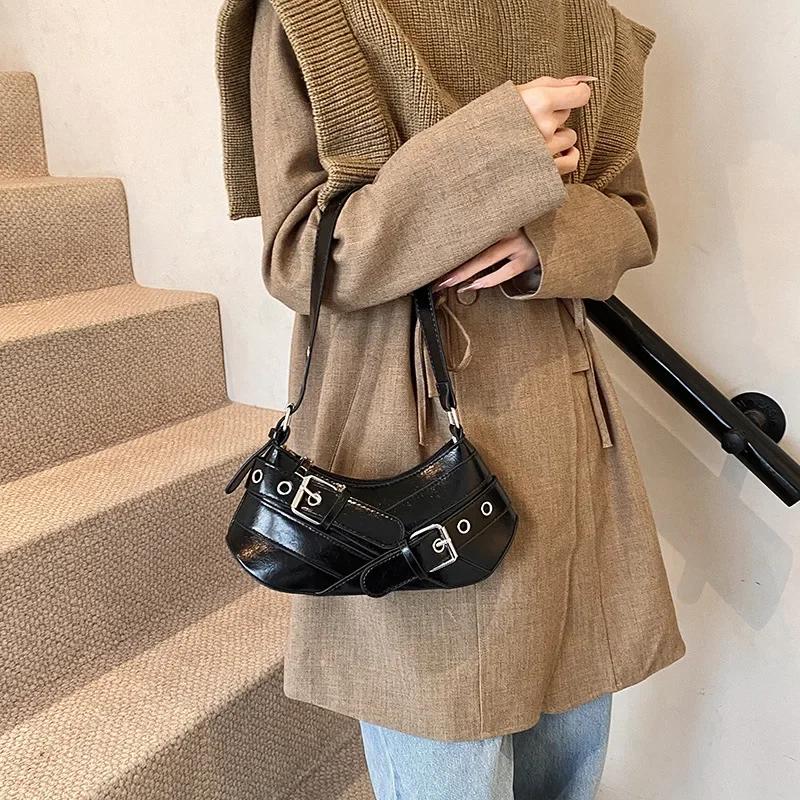 Y2K Cool Hot Girls Shoulder Tote Bags Vintage Pu Leather Ladies Underarm Bag Thread Design Female Small Purse Handbags