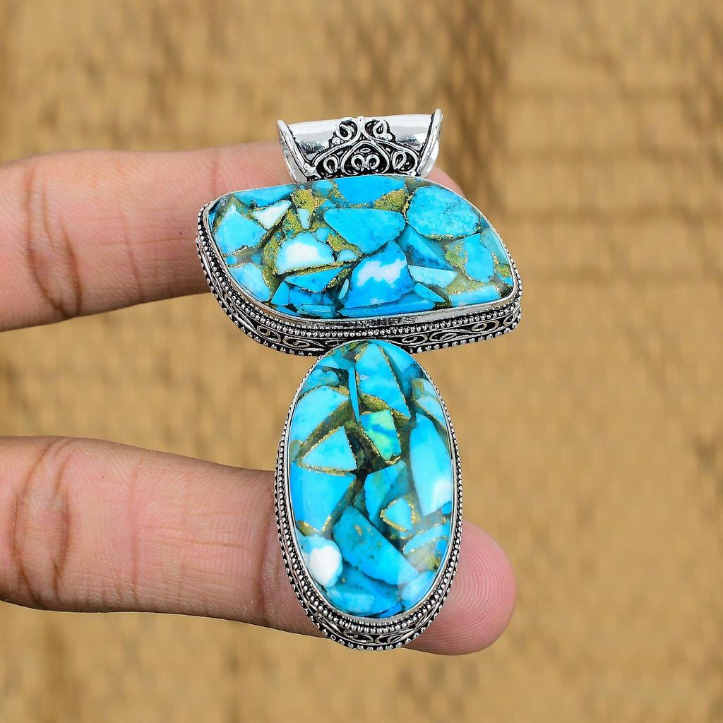 Sterling Silver Copper Blue Turquoise Gemstone Vintage Art Deco Pendant Jewelry