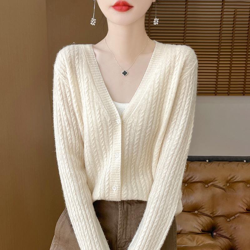 Niche V-neck twist knitted cardigan women's short jacket long-sleeved sweater loose and thin top