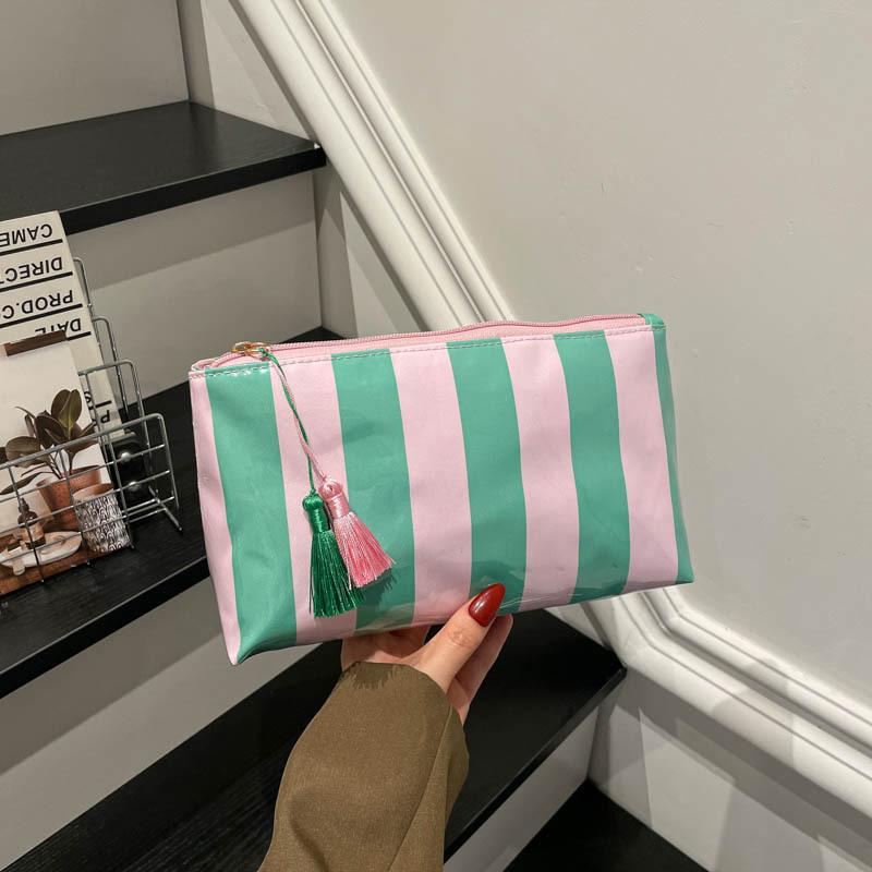 Striped Pvc Makeup Bag Waterproof Washable Zipper Cosmetic Pouch With Tassel Portable Travel Storage Hand Bag For Women Gift