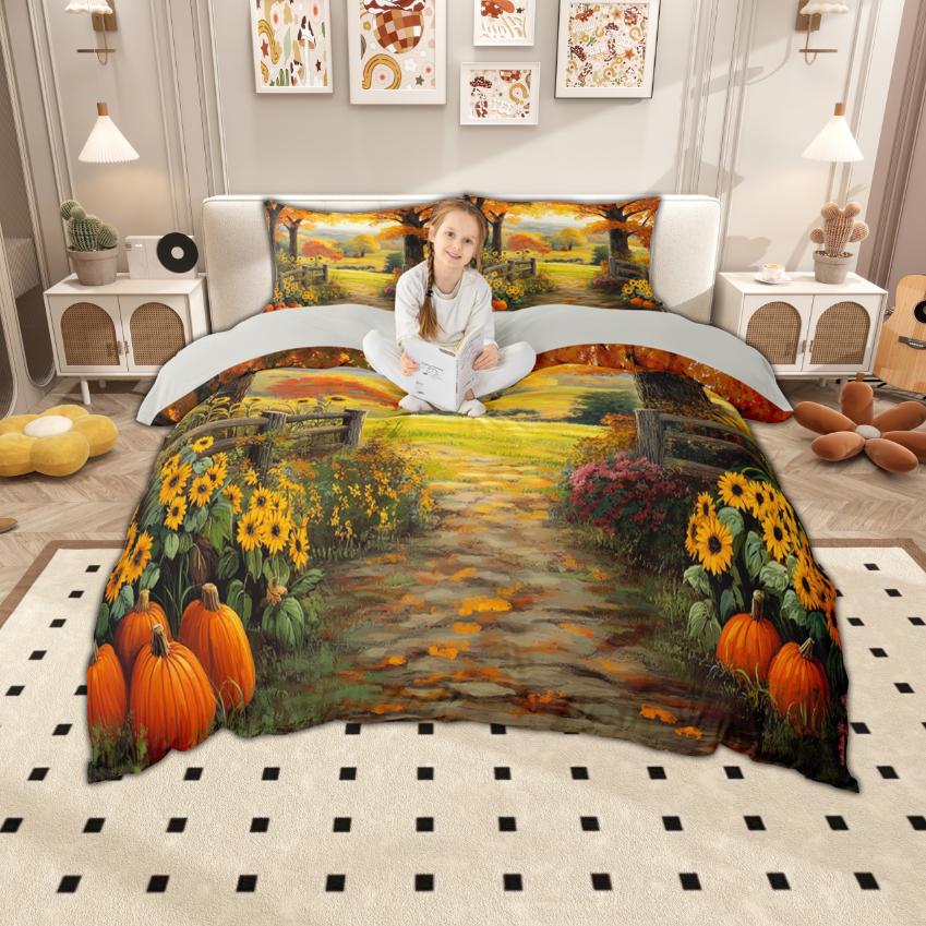 Homewish Hello Fall Duvet Cover Set Autumn Pumpkin Bedding Set Rustic Farmhouse Truck Quilt Cover Set