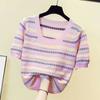 Women's Summer Thin Ice Silk Short-sleeved T-shirt Striped Square Neck Slim Thin Blouse