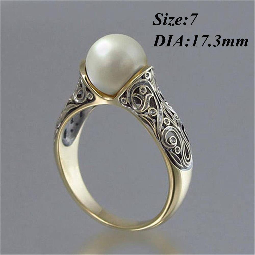 Charm Gift Vintage Wedding Jewelry 14K Yellow Gold Plated White Pearl Ring