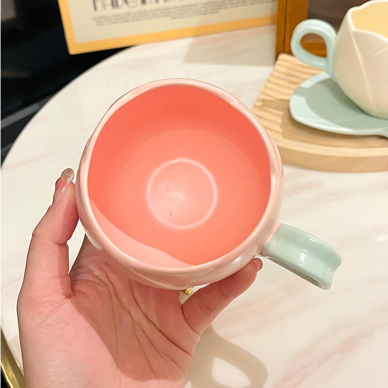 Embossed Ceramic Tulip Shape Niche Design Coffee Cup Office Girl S Heart Like Appearance Exquisite Cup and Saucer Tulip