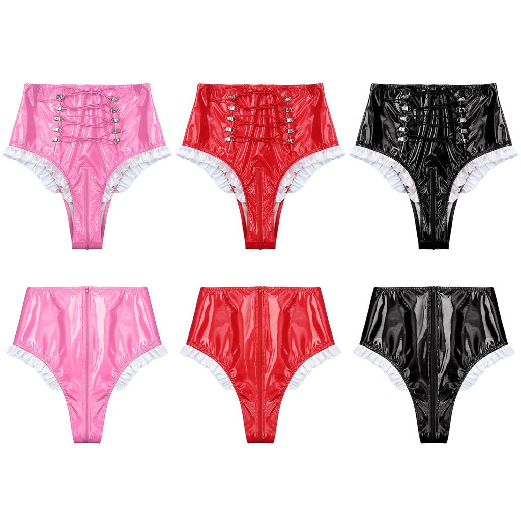 Γυναικείο γυαλιστερό λουστρίνι Frilly Maid Knickers με κορδόνια με φερμουάρ με καβάλο εσώρουχα για παιχνίδι ρόλων για νυχτερινό κέντρο διασκέδασης