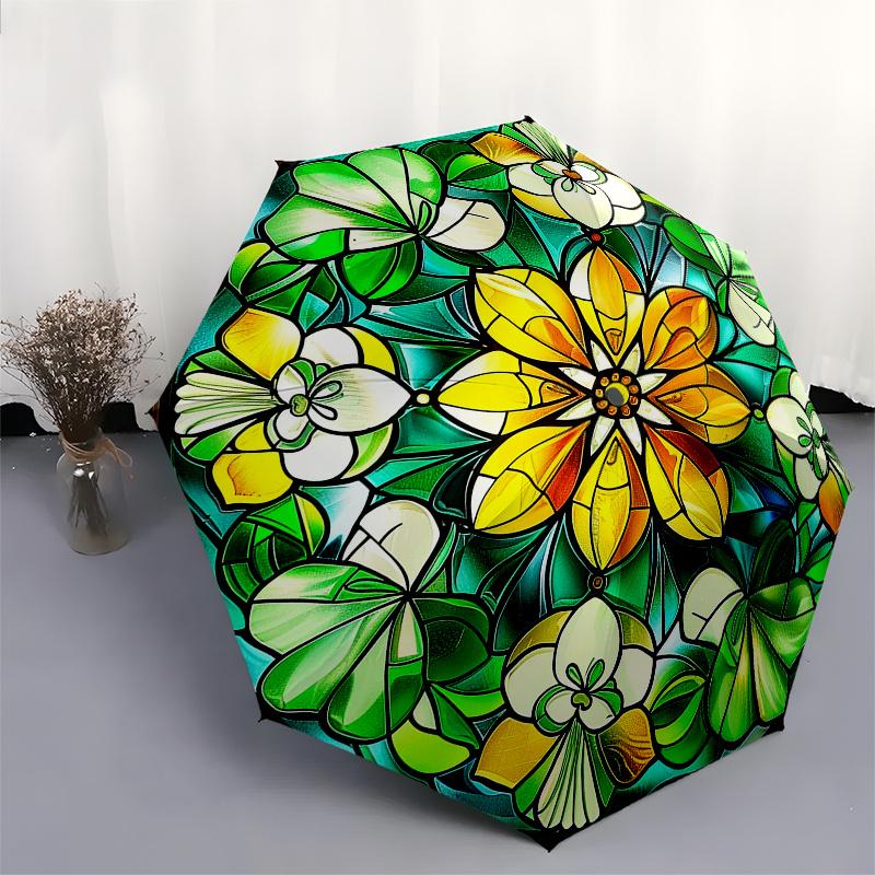 Stained Garden: Vibrant Floral Window ArtUmbrella, Portable 3-Fold Compact Umbrella for Men & Women Gift
