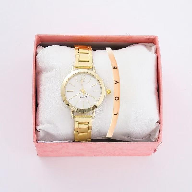2025 Fashion Women Elagant Watch Casual Simple Steel Strap Quartz Watch Love Bracelet 2PCs Set Temperament Wearing Style