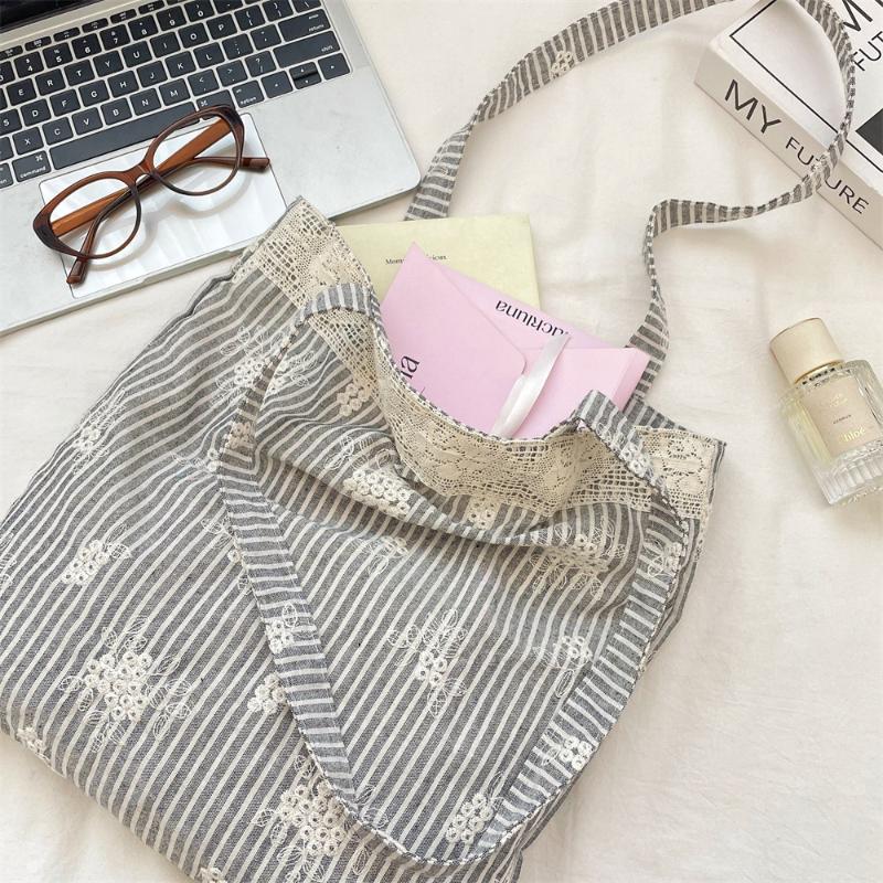 Big Pouch Tote Bag Lace Shoulder Bag With Ribbon Korean Style Simple Canvas Handbag Cloth Kawaii Large Capacity Bag Travel