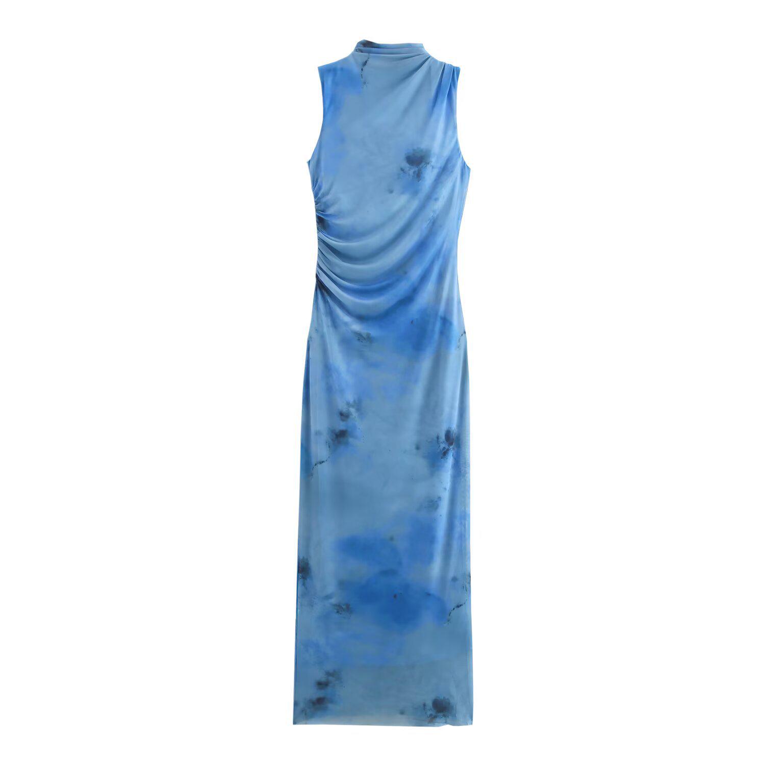 

Женское приталенное миди-платье без рукавов с плиссировкой и принтом, весна/лето 2025 Extra Small синий