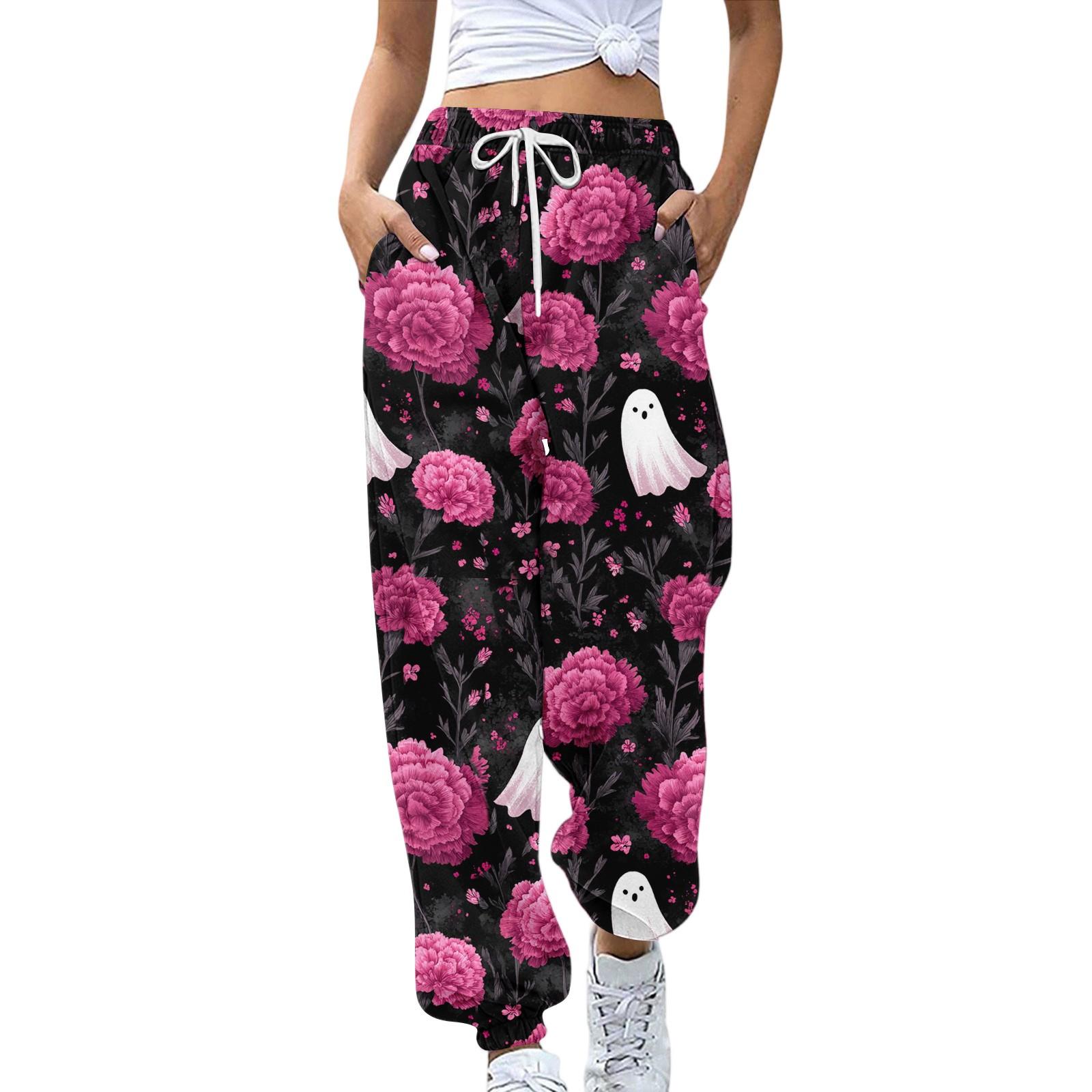 

Sweatpants for Women Elastic Waist Drawstring Casual Pants Halloween Printing Pants with Pockets XL винний