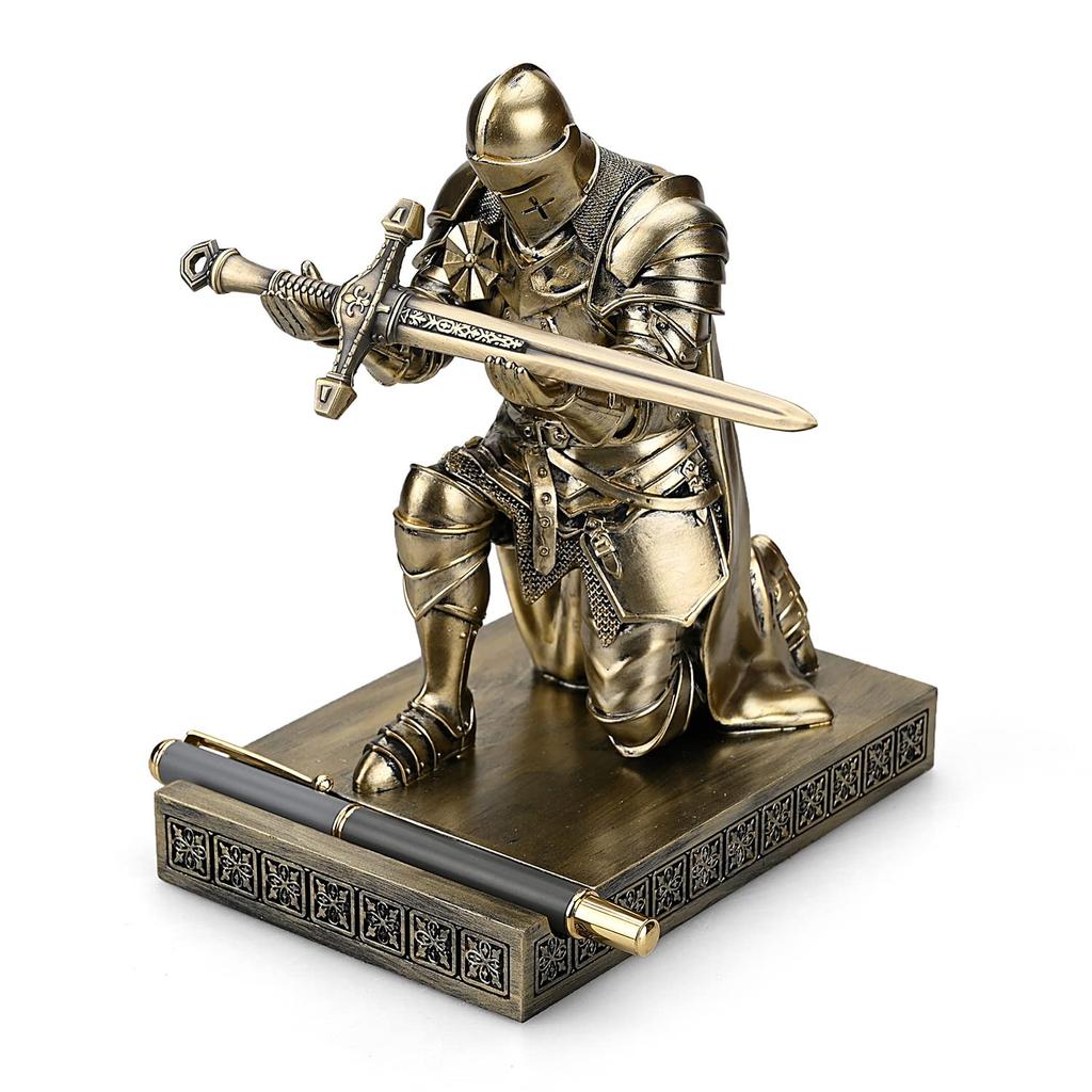 HDMbigmi Kingsguard Leader Cloaked Warrior Knight Pen Holder Mobile Phone Stand Ornament Knight Statue Pen Stand Paperweight with Metal Sword Letter