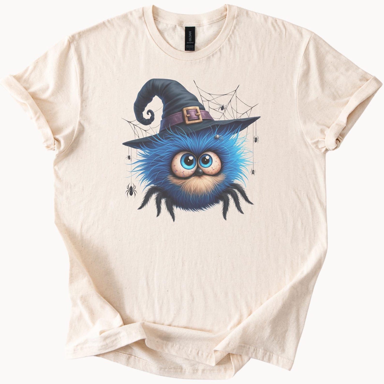 Cute Blue Fuzzy Spider Wearing Witch Hat Halloween Graphic Shirt Fun Spooky Cartoon Spiderweb Tee Adorable Bug Themed TShirt Gift 160