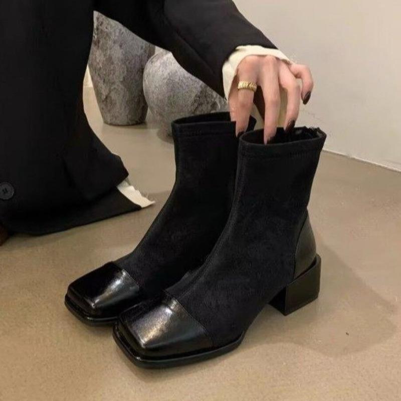 Spliced Block Heel Single Boots Autumn New Square Toe Spliced Zipper Soft Sole Non-Slip Wear-Resistant Single Shoes