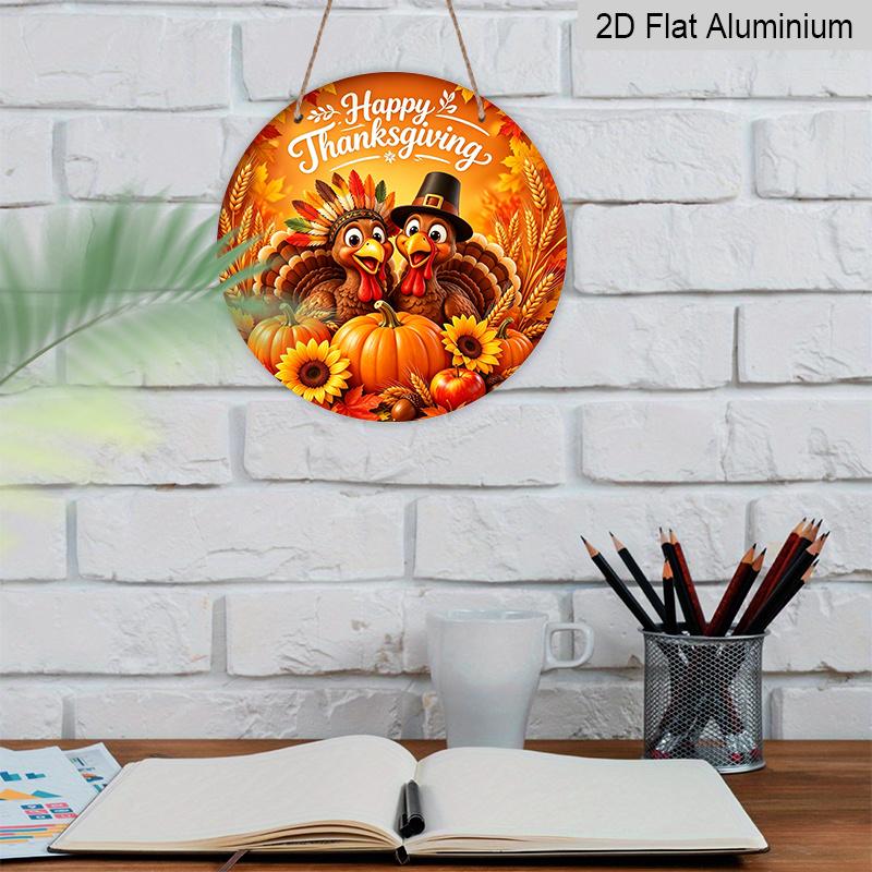 2D Flat, 1pc Round Aluminum Hanging Sign, Happy Thanksgiving Cute Cartoon Turkeys Pumpkin Sunflower Maple Wheat Apple Metal Wall Decor, Warm Orange
