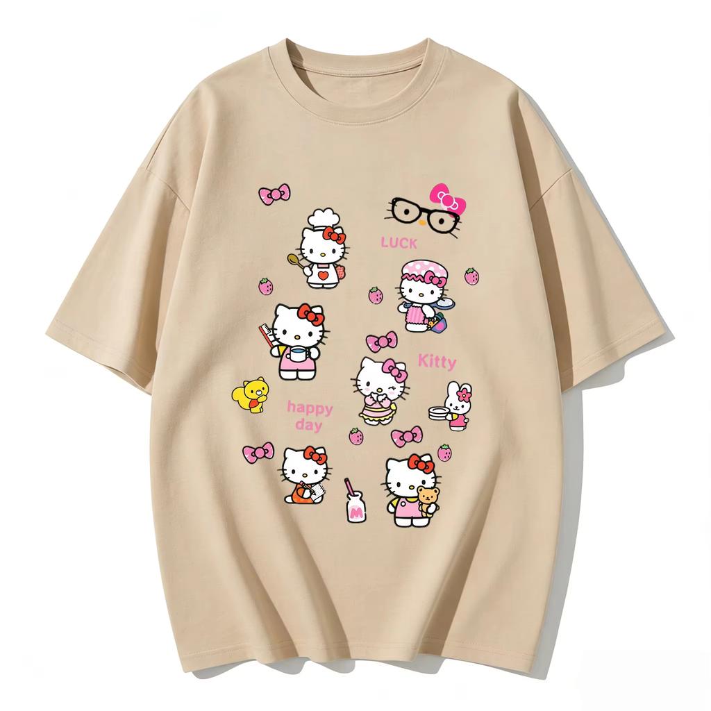 New Summer Cute HelloKitty TShirts Soft Cotton Short Sleeve Tees for Parents Kids Breathable Casual Daily Outfit Tops