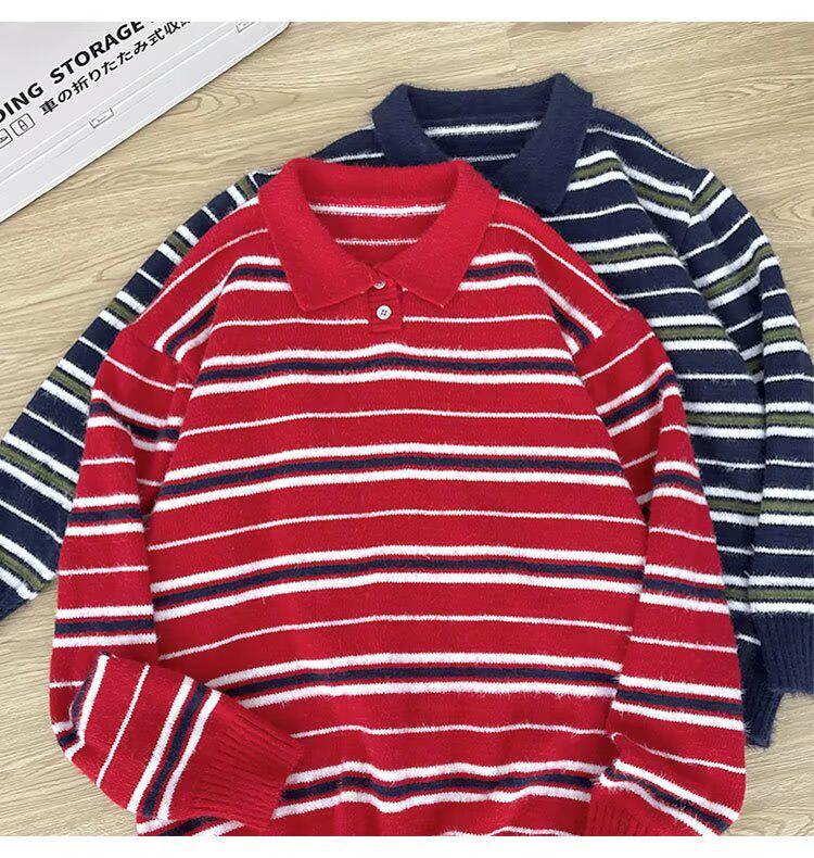Men's Autumn/Winter High-End Retro Polo Collar Striped Mink Fur Sweater