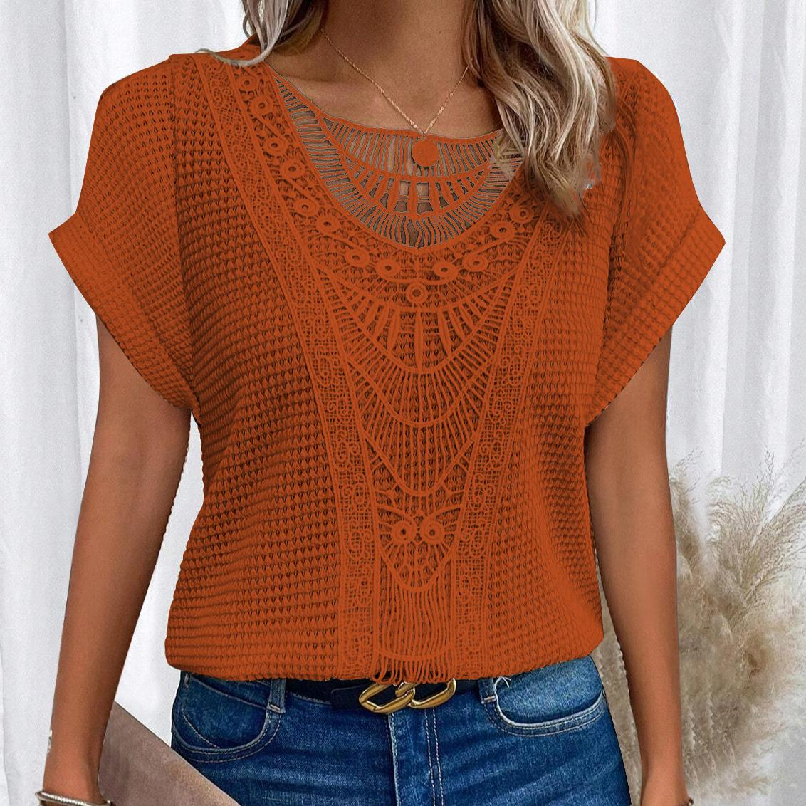 

Женская весенне-летняя модная однотонная футболка с короткими рукавами и кружевной строчкой S оранжевый